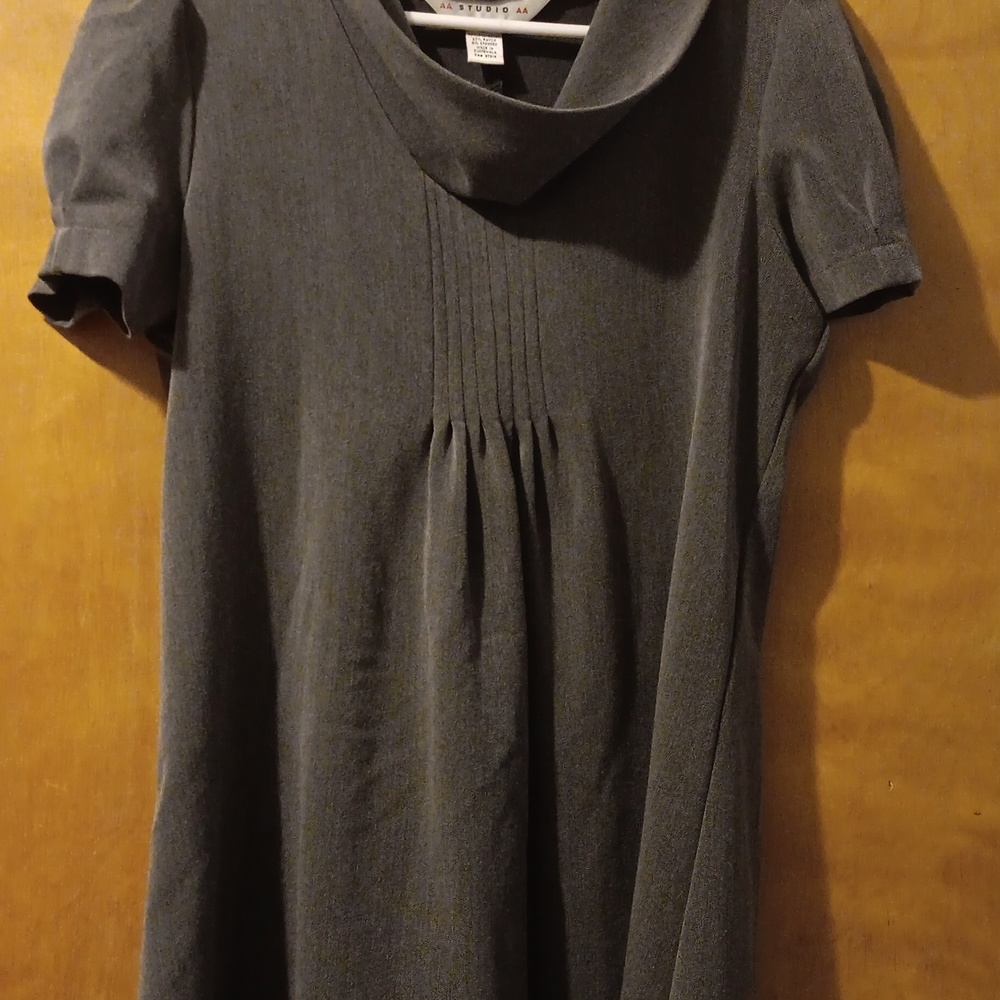 Gray dress. Knee lengthed.